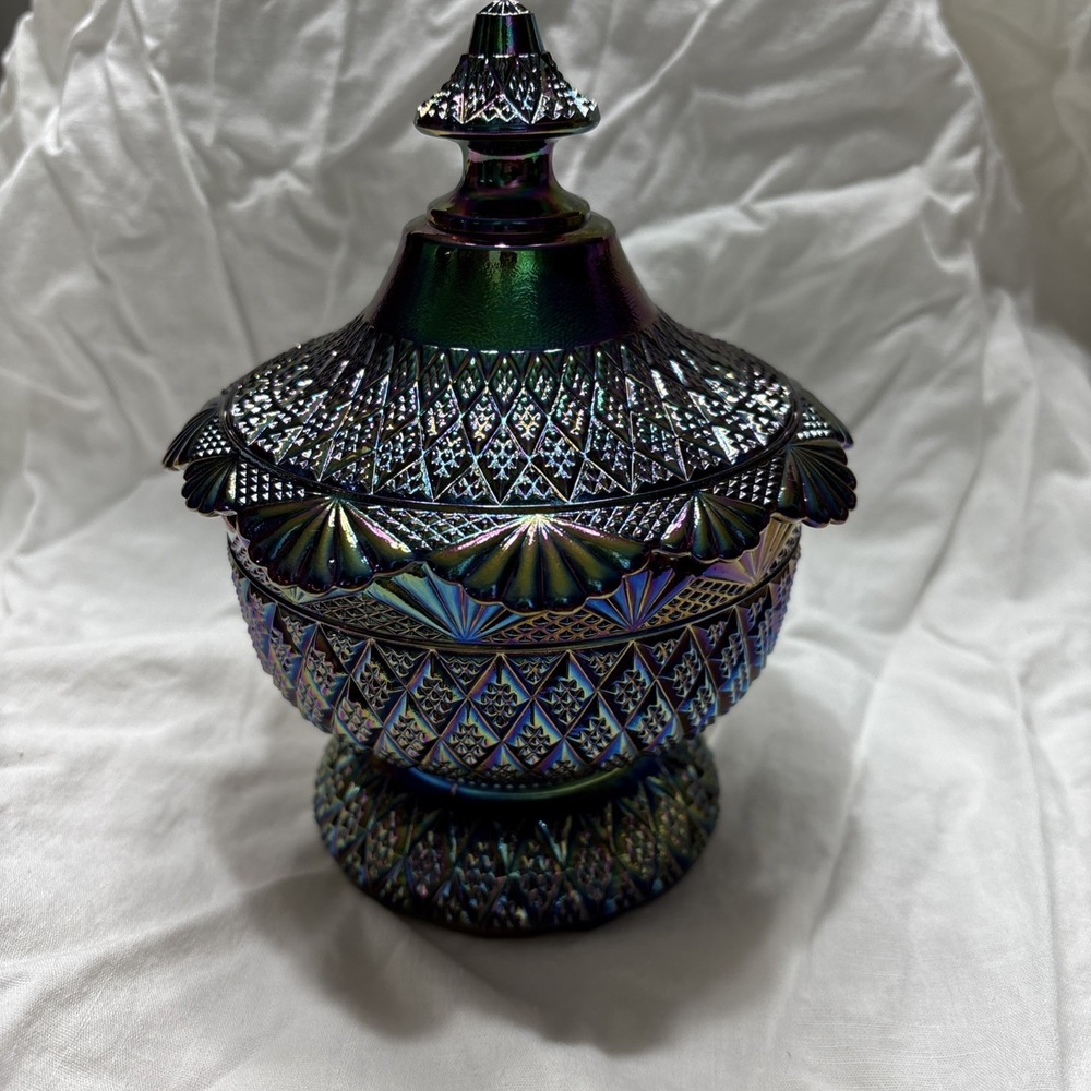 Vintage Fenton Pagoda Covered Candy Box Amethyst Carnival Signed Shelley Fenton